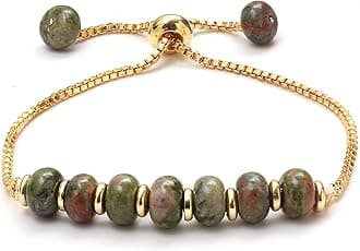 Gempires Unakite Bolo Bracelet, Healing Bracelets for Women, Gift for Her, 14k Yellow Gold Plated Slider Chain, 6 to 8-inch Adjustable Bracelet