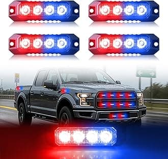 4-LED Red Blue Surface Mount Strobe Lights for Police Trucks Car Vehicle LED Mini Grille Light Emergency Head Flashing Warning Police Light, Ultra Slim 4pcs Sync Feature (Red&Blue)