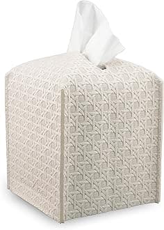Premium PU Leather Tissue Box Holder–Modern Cover for Home, Office, Car–Stylish Cube Organizer for Standard Kleenex Tissues – Durable, Easy Refill, Rattan Design (Beige)