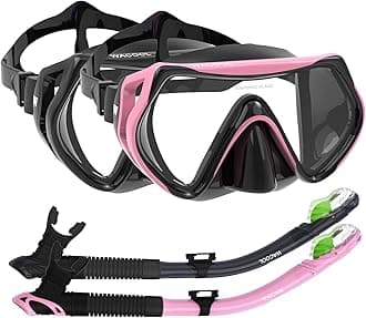 WACOOL Professional Snorkeling Snorkel Diving Scuba Package Set with Anti-Fog Coated Glass Purge Valve and Anti-Splash Silicon Mouth Piece for Men Women (Adults,Black+Pink)