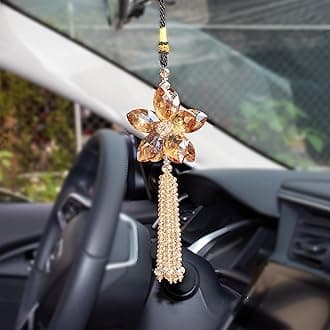 AuMoHall Crystal Flower Rear View Mirror Pendant Car Hanging Ornament Lucky Charm with Dangle Beads, Champagne