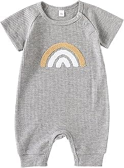 Infant Toddler Boys Girls Short Sleeve Romper Rainbow Prints Ribbed Summer Bodysuits Dress Outfit 6 Months