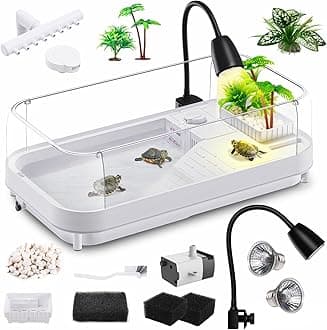 Moonorange Large Turtle Tank Kit (Tank+Lamp+Filter), Acrylic Turtle Tank Starter Kit with Heightened and Curved Fences, Bottom Drainage, Multi-Function Areas (Black Lamp)