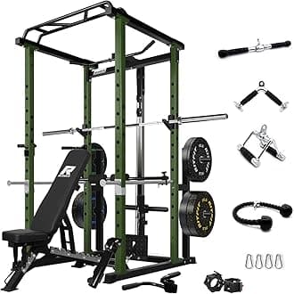 RitFit Squat Rack Power Cage Home Gym Package, Includes 1000LBS Power Rack with Cable Crossover System, Weight Bench, Weight Plate Set with Olympic Barbell (PPC02 Package 1.6K (FBP 230LBS))-Green