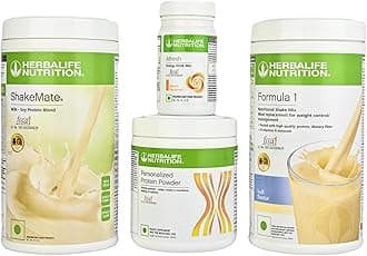 HERBALIFE Formula 1 Shake Kulfi Flavor 500g, Protein 200g, Afresh Peach 50g, Shakemate Nutrition Drink 500g (Pack of 4)