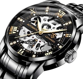 Mens Watch Skeleton Luxury Mechanical Stainless Steel Waterproof Black Automatic Self-Winding Roman Numerals Diamond Dial Wrist Watch