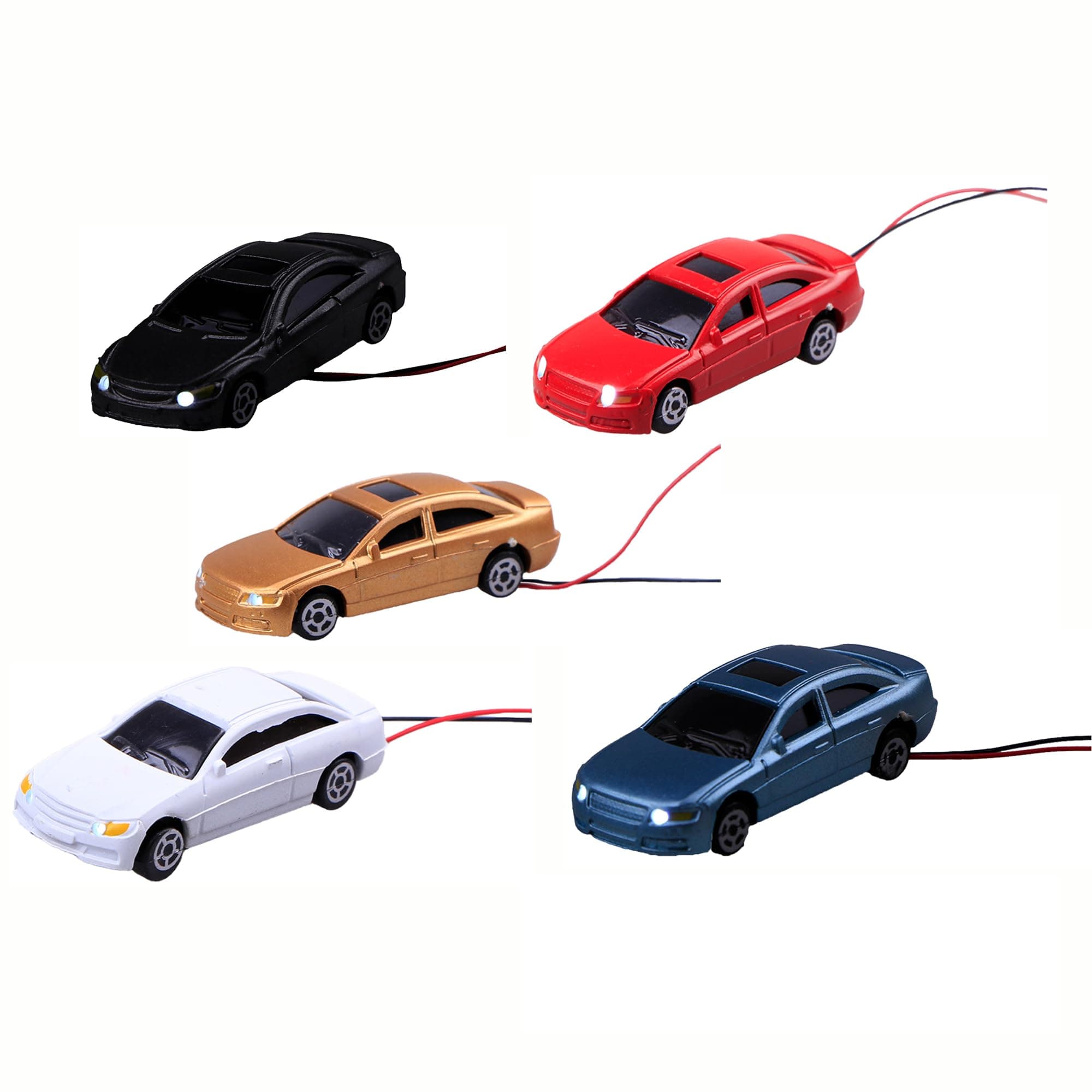 5PCS 1:100 HO Scale Model LED Lighted Car with 12V Front and Rear Lights for Building Train Layout