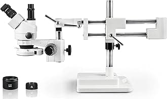 Vision Scientific VS-5FZ-IFR07 Simul-Focal Trinocular Zoom Stereo Microscope,10x WF Eyepiece,0.7X-4.5X Zoom,3.5X—90x Magnification,0.5X & 2X Auxiliary Lens, Double Arm Boom Stand, 144-LED Ring Light