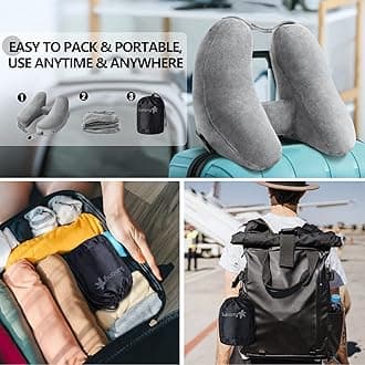 Sunany Neck Pillow for Travel Inflatable Airplane Pillow Comfortably Supports Head, Neck and Chin, Inflatable Travel Pillow with Soft Velour Cover and Portable Drawstring Bag (Grey)