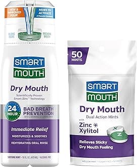 Package with Dry Mouth Activated Mouthwash - 16 Fl Oz, Soothing Mint & Dry Mouth Dual-Action Mints - 50 Count, Mellow Mint