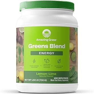 Green Superfood Energy: Smoothie Mix, Super Greens Powder & Plant Based Caffeine with Green Tea and Flax Seed, Nootropics Support, Lemon Lime, 100 Servings