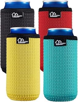 WK IEASON 12oz Slim Can Sleeves Insulators Tall Can Kooize Neoprene Slim Can Covers 12OZ Beer Bottle Sleeves Coolers Non-slip Neoprene Can Coolier Sleeves 4PC Pack (12OZ slim, Black/Red/Yellow/Blue)