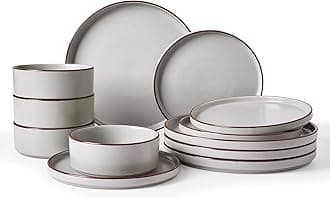 Famiware Nebula Ridge Stoneware Dinnerware Sets, Plates and Bowls Sets for 4, 12 Pieces Dishes Set, Microwave and Dishwasher Safe Kitchen Plates, Light Gray