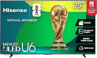 Hisense 75" Class U6 Series Mini-LED 4K UHD Smart Fire TV (75U65QF, 2025 Model) - QLED, HDR10+, Native 144Hz, Dolby Vision IQ, Dolby Atmos, Game Mode Pro, ALLM, Alexa Built in, Black