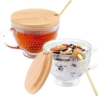 Glass Vintage Latte Mugs Set of 2, 16oz Large Clear Glass Embossed Coffee Mug Latte Tea Cup with Bamboo Lid and Spoons, Insulated Tea Cups Iced Water Ribbed Glasses Breakfast Cup Set Gift for Family