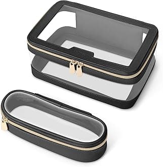 Travel Clear Makeup Bag with Makeup Brush Bag, Leather Makeup Case Toiletry Bag, Portable Cosmetic Bag Case, Transparent Waterproof Cosmetic Organizer Storage Bag for Women, Medium, Black