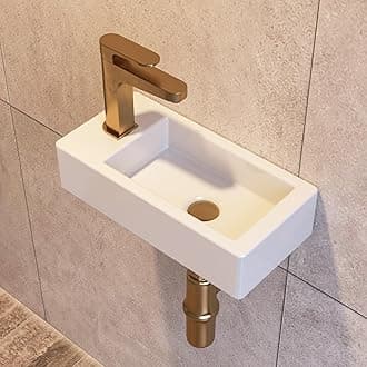 Small Bathroom Sink DeerValley, Mini Rectangle Wall Mount Vessel Sink for Bathroom Powder Room Cloakroom, Space Saving Design, Easy to Clean White Ceramic Wash Basin (Left Hand)