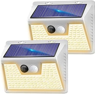 Solar Lights Outdoor 2 Pack, 140LED/3 Modes Motion Sensor Lights Solar Powered, Wireless IP65 Waterproof Solar Wall Lights Outdoor Lights, Bright for Deck Fence Patio Front Door, Warm Light (White)