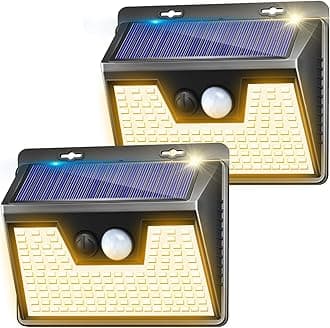 Solar Lights Outdoor 2 Pack, 140LED/3 Modes Motion Sensor Outdoor Lights Solar Powered, Wireless IP65 Waterproof Solar Lights Outside Bright for Deck Steps Fence Patio Front Door Pathway, Warm White