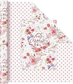 WERNNSAI Pink Flower Wrapping Paper Roll - 1 Roll 17”x 33 ft Mothers Day Gift Wrapping Paper Pink Floral Gift Wrap Happy Festival with Polka Dot for Women Mom Warm Blessing Supply