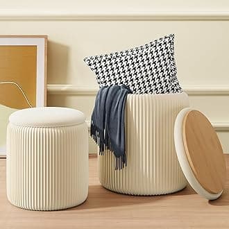 Recximi Beige Ottoman with Storage Set of 2, Upholstered Velvet Vanity Stool, Comfy Round Makeup Vanity Stools, Large Storage Ottoman Foot Rest, Pouf Seat for Living Room/Bedroom