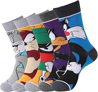 5 Pack Mens Dress Socks Funny Design Crazy Fun Cartoon Character Cotton Long Crew Socks,Size 9-12