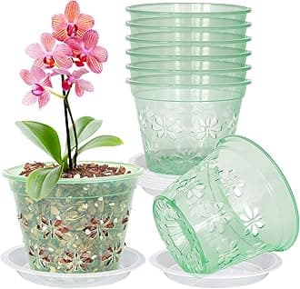 Orchid Pot, 8 Pack Orchid Pots with Holes & Saucers, Clear Plastic Pot for Repotting, Breathable Ventilation Planters for Phalaenopsis, Dendrobium & Oncidium Orchids(5 inch, Green)