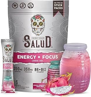 Salud 2-in-1 Energy Drink Powder + Focus, Dragon Fruit, Organic Caffeine, B6 + B12, Theanine, Clean Energy Drink Packets, Pitaya Agua Fresca Mix, Non-GMO, Gluten Free, Vegan, 1g of Sugar, (15 Servings)