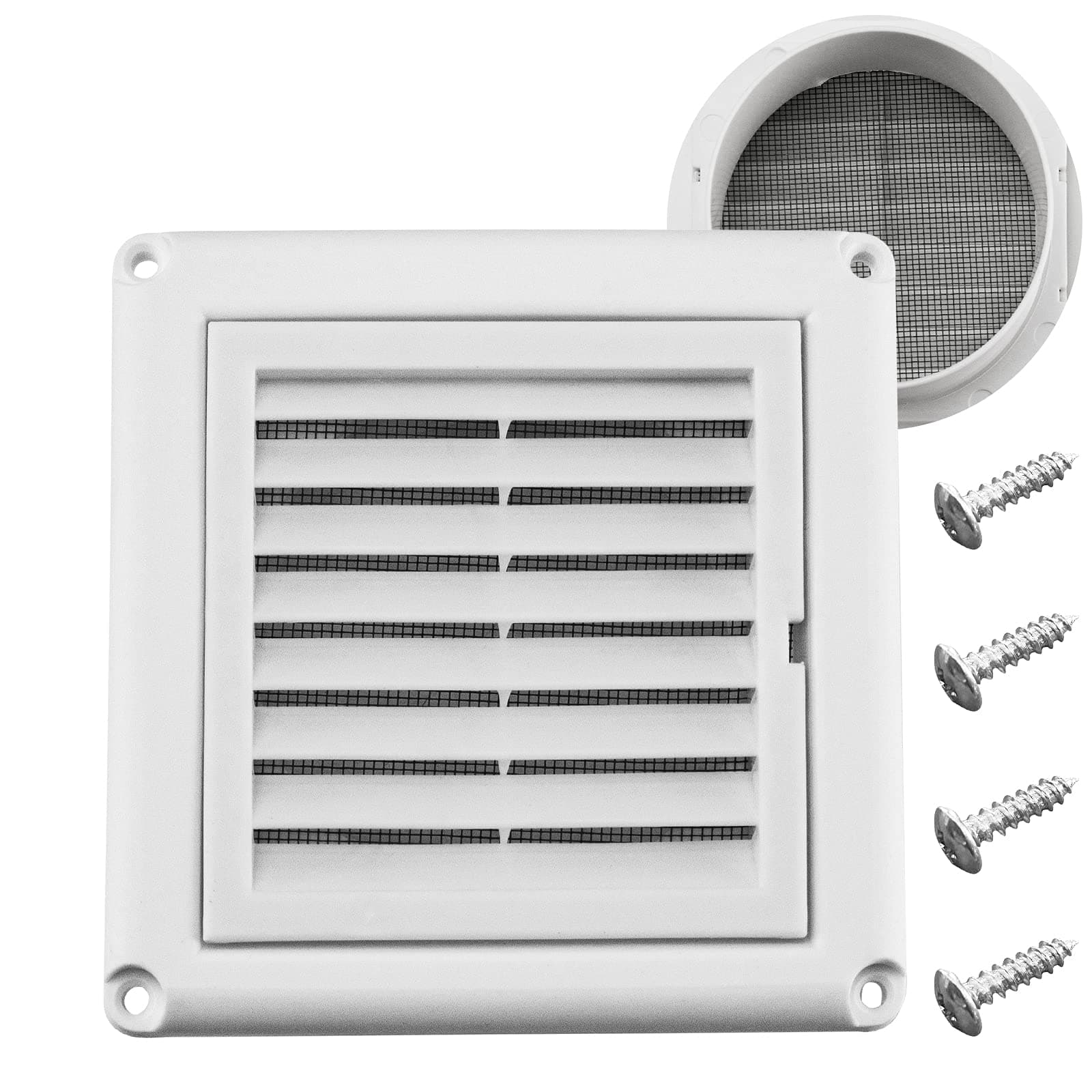 Funmit 4" Louvered Vent Cover Stops Birds Nesting for Outside Dryer Exhaust Air Vent Cover with 4 Screws for Easy Installation (White)
