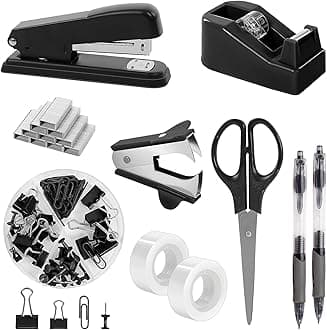 SKYDUE Black Office Supplies Set, Black Desk Accessories, Stapler, Tape Dispenser, Scissors, Binder/Paper Clips and 1000pcs Staples, Desk Supplies Set