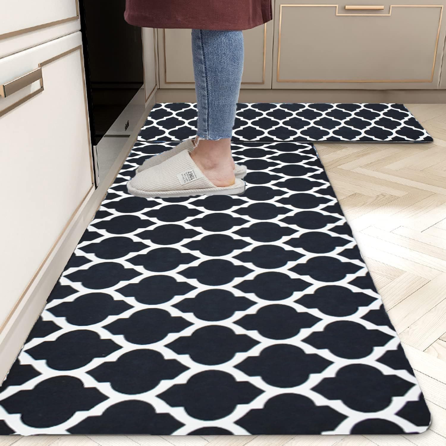 ishro home Premium Kitchen Mats for Floor | Kitchen runner for floor | 2 Pcs Set | Anti-Skid & Machine-Washable | (Black Diamonds)