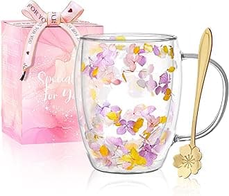 Gifts for Women Dried Flowers Double Wall Glass Coffee Mugs Cute Glass Tea Cups with Handles Christmas Birthday Gifts for Best Friend Teacher Mum Gift New Home Gift Ideas Autumn Mug Home Decor
