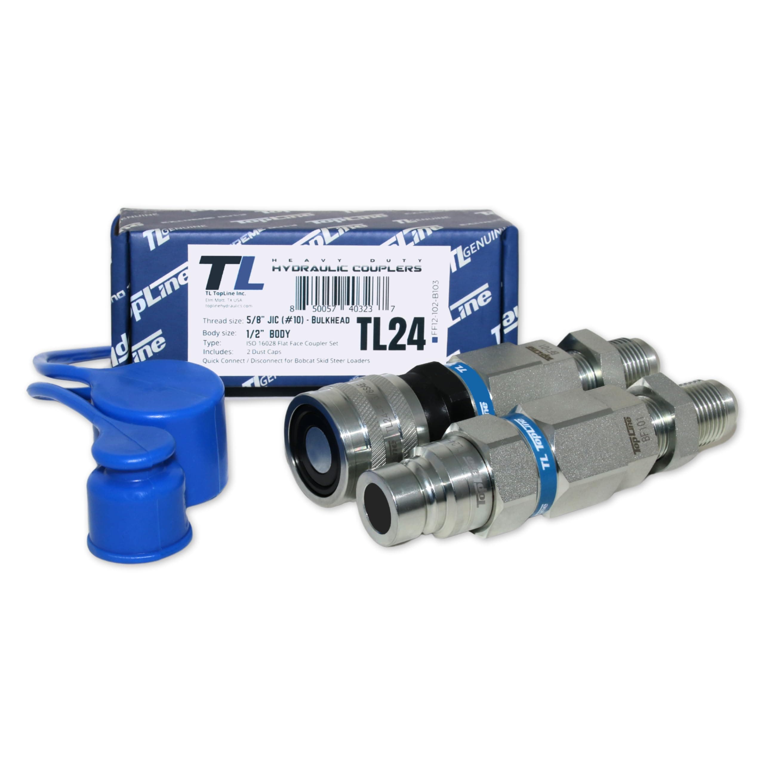 Hydraulic Quick Connect Coupler, 5/8" (#10) JIC Thread, Flat Face Bulkhead, 1/2" Body Size, ISO 16028, Heavy-Duty Coupling Set with Dust Caps for Bobcat Skid Steer Loaders | Model TL24