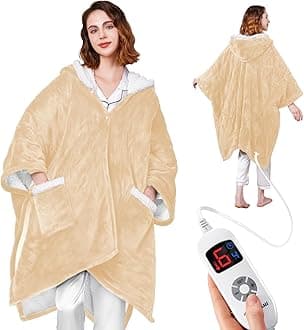 Heated Blanket Wearable - Cozy Gift for Women, Mom, Men| Reversible Flannel & Sherpa Electric Wrap with Pockets & Hood, 6 Heat Levels, 1-4H Timer, ETL Safe, Machine Wash, 50"x70" Beige