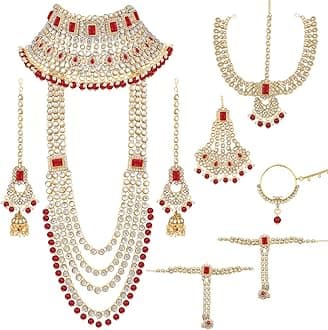 Traditional Wedding Indian Bharatanatyam jewellery set Long Choker Necklace Earrings Maang Tikka Nath Paasa Hath Phool Gift for Women
