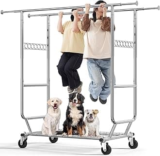 Clothes Rack Heavy Duty Clothing Rack Load 650 LBS Collapsible Garment Rack with Wheels Double Rod Clothes Rack for Hanging Clothes Commercial Portable Closet Rack with Shelves 22"D*75"W*68"H