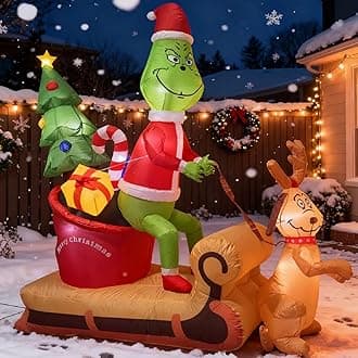 6.5ft Grinch Inflatable Christmas Decorations - Grinch Dog Max on a Sleigh Decorations - Built-in 8 LED Lights High Brightness Christmas Outdoor Decorations