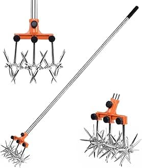 Rotary Cultivator Garden Rotary Tiller Adjustable Stainless Steel Poles Hand Tiller for Soil Mixing or Reseeding Grass Lawn Tiller Total Length 57 Inch.