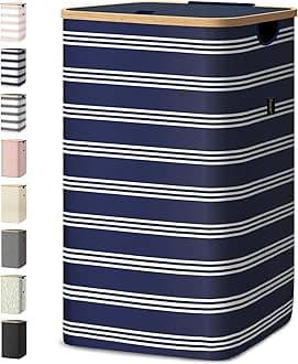 BALEINE Laundry Hamper with Lid, Tall Laundry Baskets with Bamboo Pull Handles, Large Laundry Bin with Internal Support (18 Gal/70L, Blue Pinstripe)