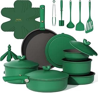 CAROTE 17pcs Pots and Pans Set Non Stick, Gift Set Nonstick Cookware Die-cast Aluminum Detachable Handle, Dishwasher/Oven Safe, Induction Cooking Pot and Pan Sets, Green, RV Kitchen Cookwares