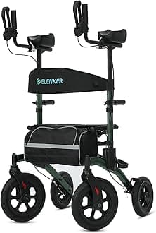 ELENKER All-Terrain Upright Rollator Walker, Stand up Rolling Walker with Seat, 12” Non-Pneumatic Tire Wheels, Compact Folding Design for Seniors, Green