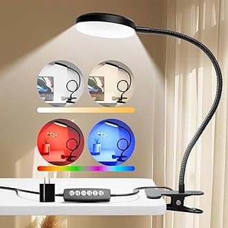 Desk Lamp with Clamp，2-in-1（10W） Gooseneck LED with RGB Ambient Light&Warm White Light,Book Light Color Changeable/Reading Light/Night Light Clip on Desk Bed Headboard and Computers-Black