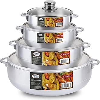 Alpine Cuisine8 Piece Set Aluminum Caldero Stock Pot with Glass Lid, Commercial Grade Cooking Dutch Oven
