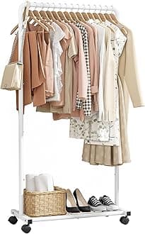 Clothes Rack - Clothing Rack with Storage Mesh Shelf & Casters, Heavy-Duty Metal Clothing Rack for Hanging Clothes, Dresses, Coats, Large Load Capacity, Easy Assembly, White, 28.0"x16.9"x59.0"