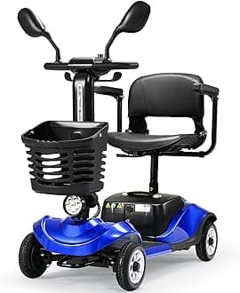 4 Wheel Compact Heavy Mobility with Lights, Battery Powered Electric Mobility Scooter, Electric Transportation Wheelchair, Basket, Extended Battery (Blue, 4 Wheel - Compact and Exquisite)
