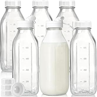 Syntic Liter Glass Milk Bottles w 100% Airtight Heavy Duty Screw Lid - 6 Pack 32 Oz Drinking Jars - Food Grade Glass Bottles for Milk, Honey, Jam - Dishwasher Safe(Extra 2 Lids and Stickers Included)