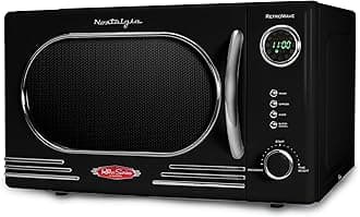 Retro Countertop Microwave Oven - 1.1 Cu Ft & 1000 Watt Power- Easy to Clean with Removable Glass Turntable - Child Safety Lock - 12 Programs - Digital Clock - Black
