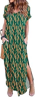 HUSKARY Women's Summer Maxi Dress Casual Loose Pockets Long Dress Short Sleeve Split Maxi Dresses