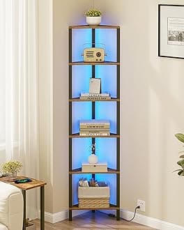 TUTOTAK Corner Shelf with LED Light, 6-Tier Corner Bookshelf for Small Space, Narrow Display Corner Shelf Stand with Storage Rack, for Living Room, Bedroom, Rustic Brown BS05BB006L