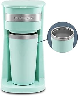 Elite Gourmet EHC113M Personal Single-Serve Compact Coffee Maker Brewer Includes 14Oz. Stainless Steel Interior Thermal Travel Mug, Compatible with Coffee Grounds, Reusable Filter, Mint